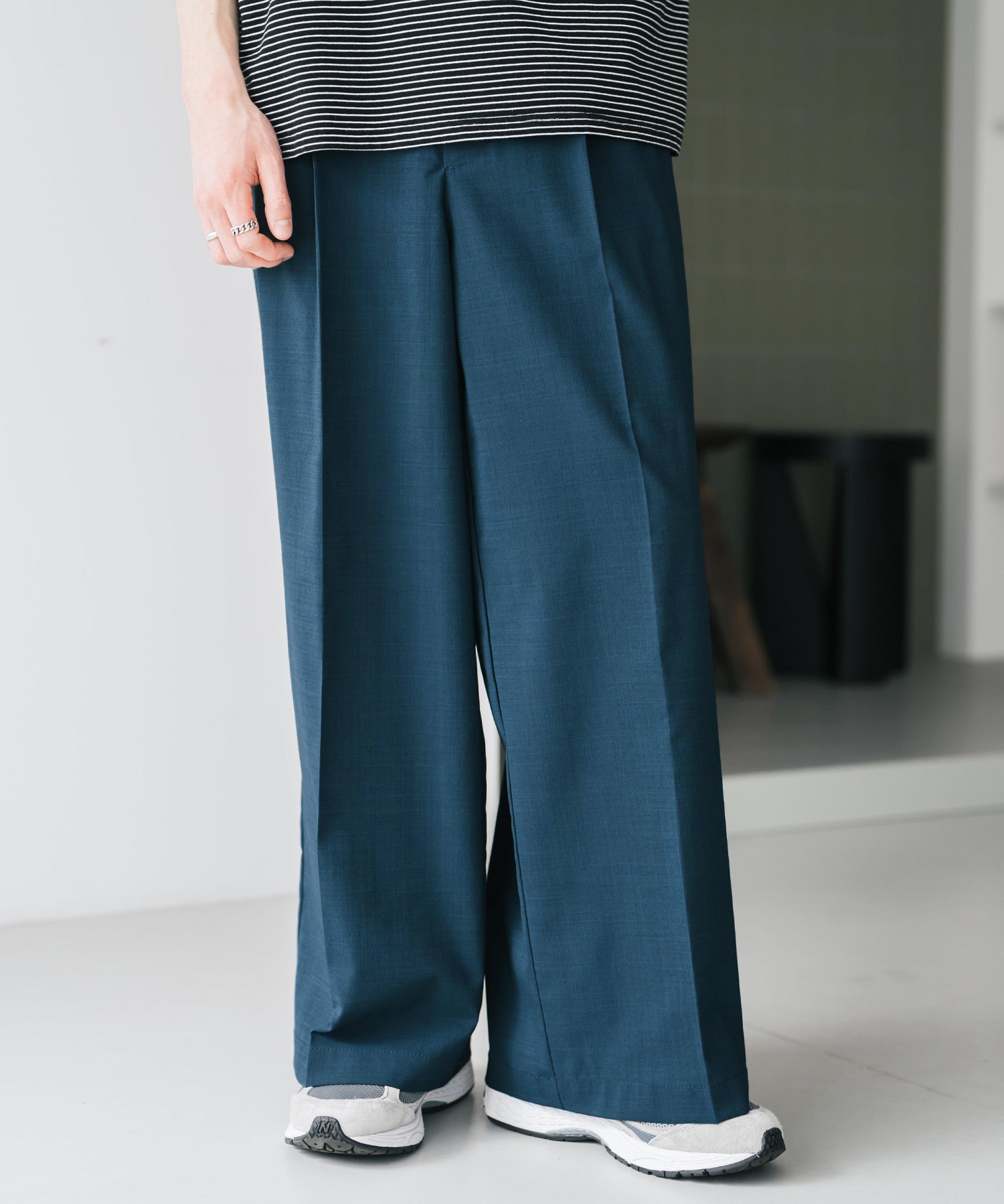 接触冷感 多機能素材リネンライク ワンタックセンタープレスワイドストレートイージーパンツ 15483