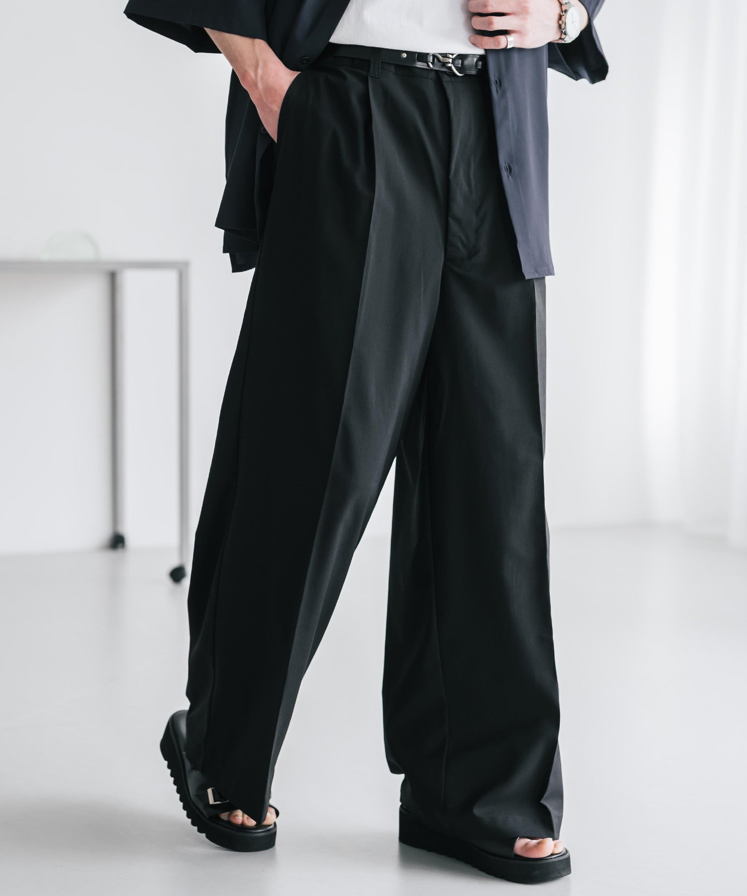 接触冷感 多機能素材リネンライク ワンタックセンタープレスワイドストレートイージーパンツ 15483