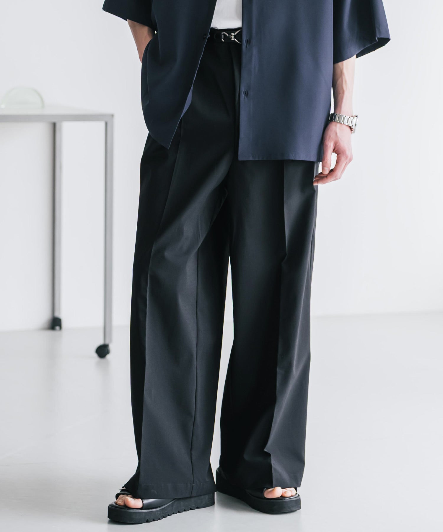 接触冷感 多機能素材リネンライク ワンタックセンタープレスワイドストレートイージーパンツ 15483