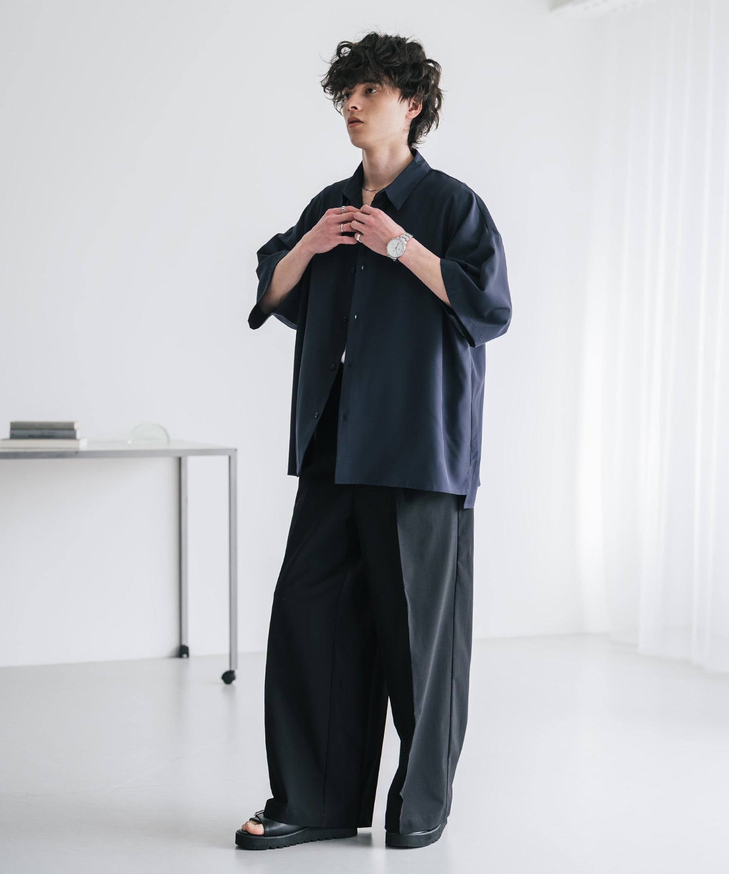 接触冷感 多機能素材リネンライク ワンタックセンタープレスワイドストレートイージーパンツ 15483