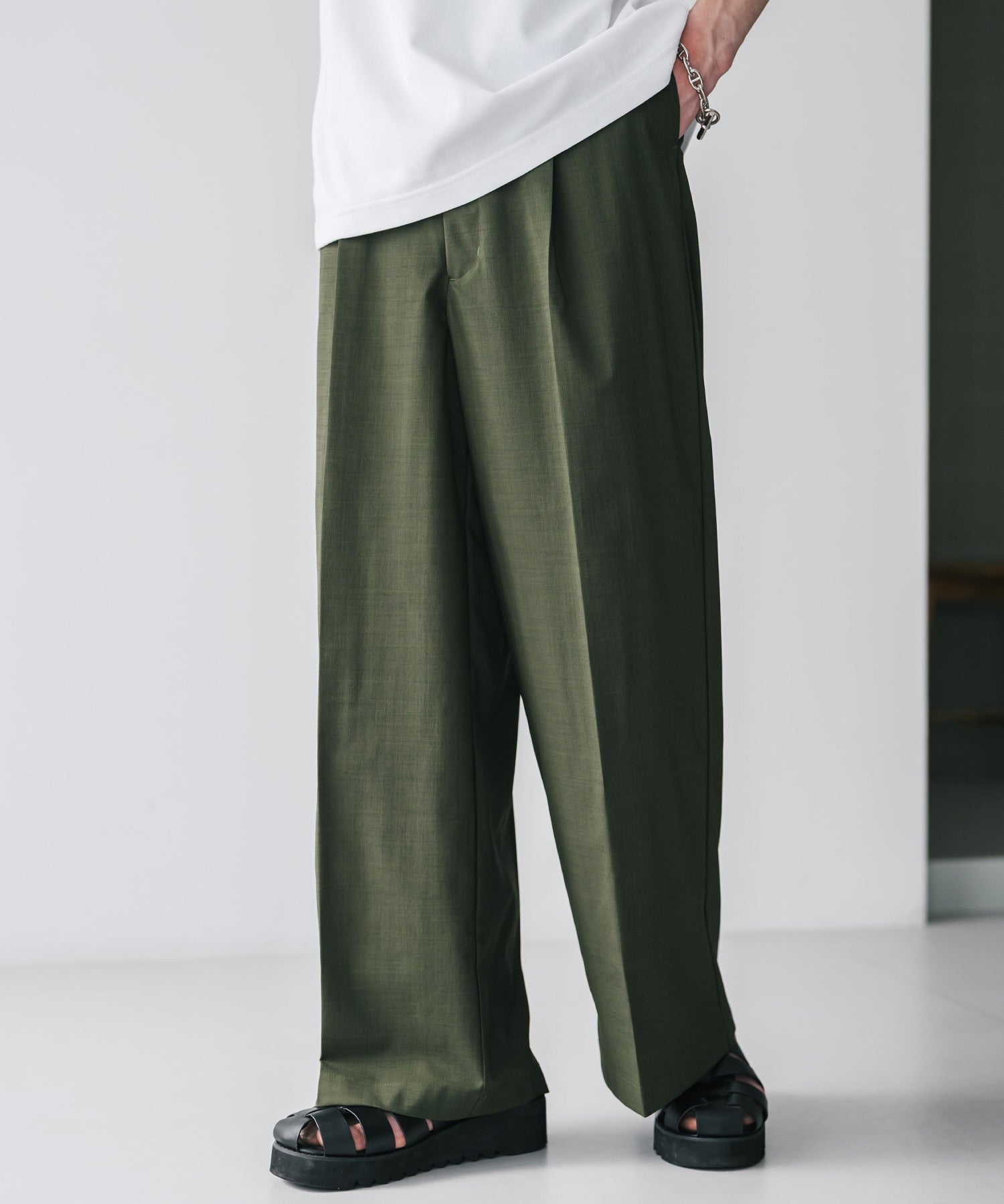 接触冷感 多機能素材リネンライク ワンタックセンタープレスワイドストレートイージーパンツ 15483