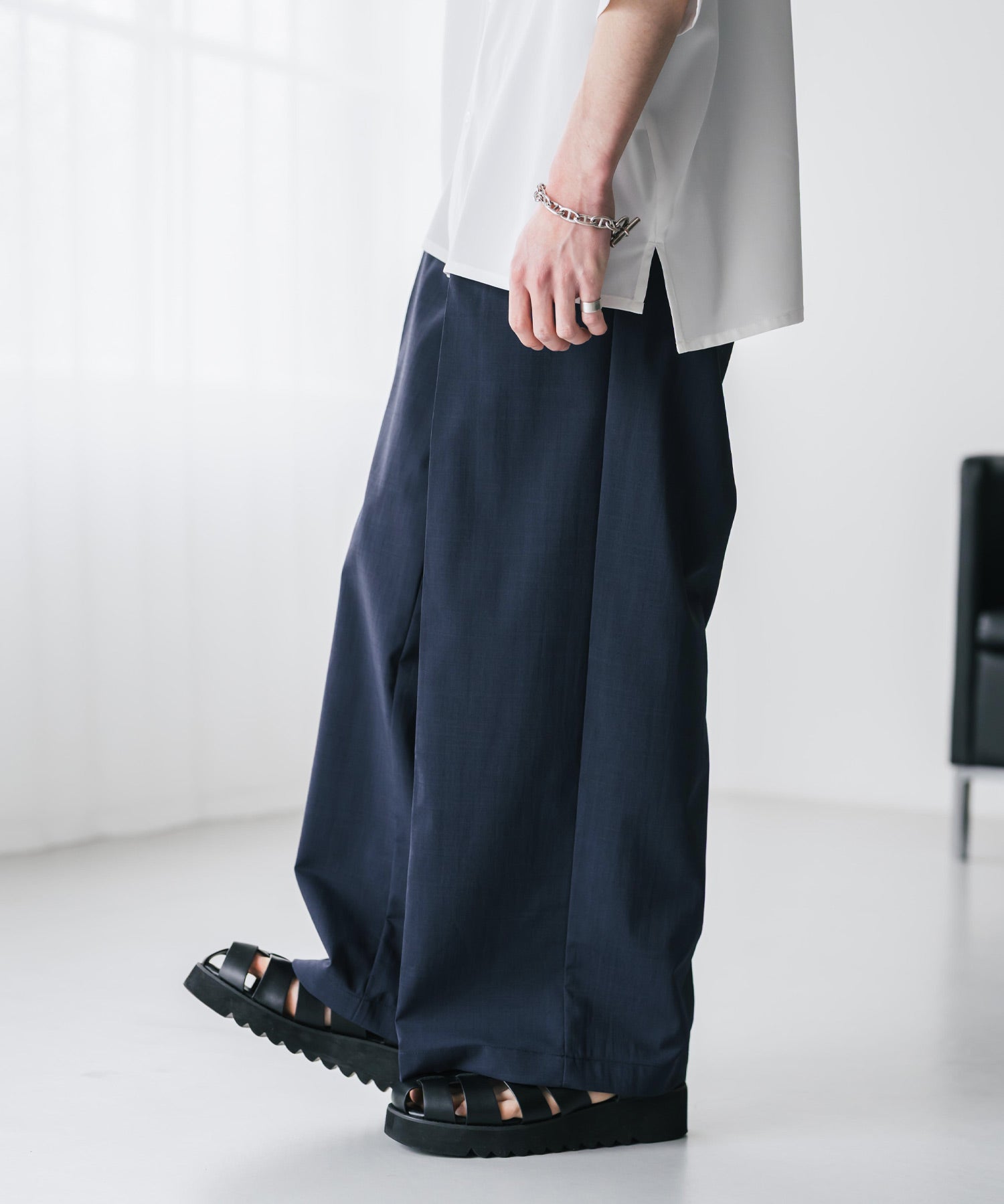 接触冷感 多機能素材リネンライク ワンタックセンタープレスワイドストレートイージーパンツ 15483