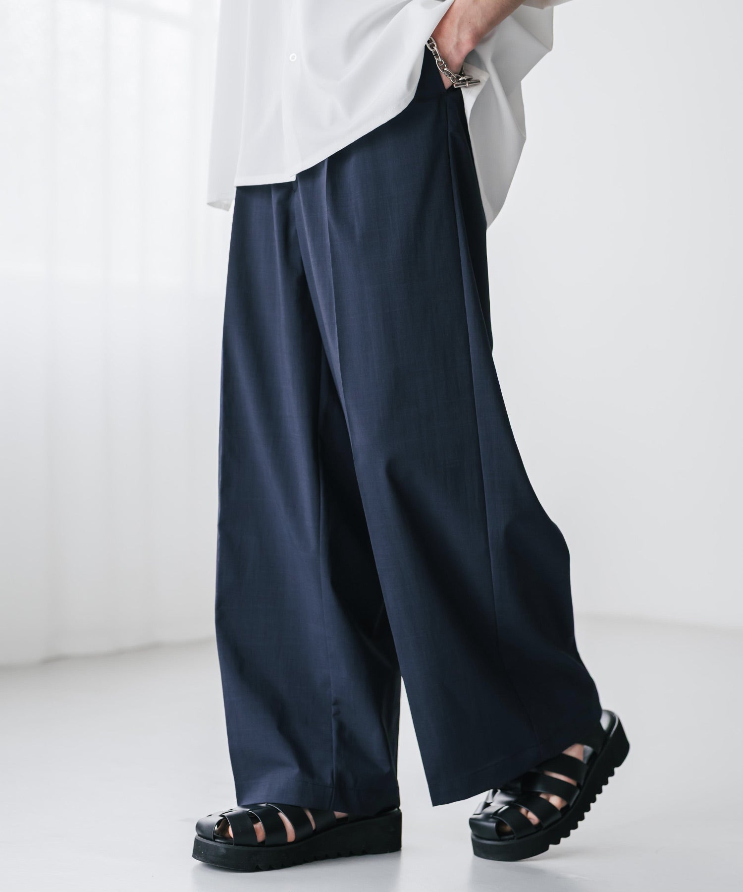 接触冷感 多機能素材リネンライク ワンタックセンタープレスワイドストレートイージーパンツ 15483