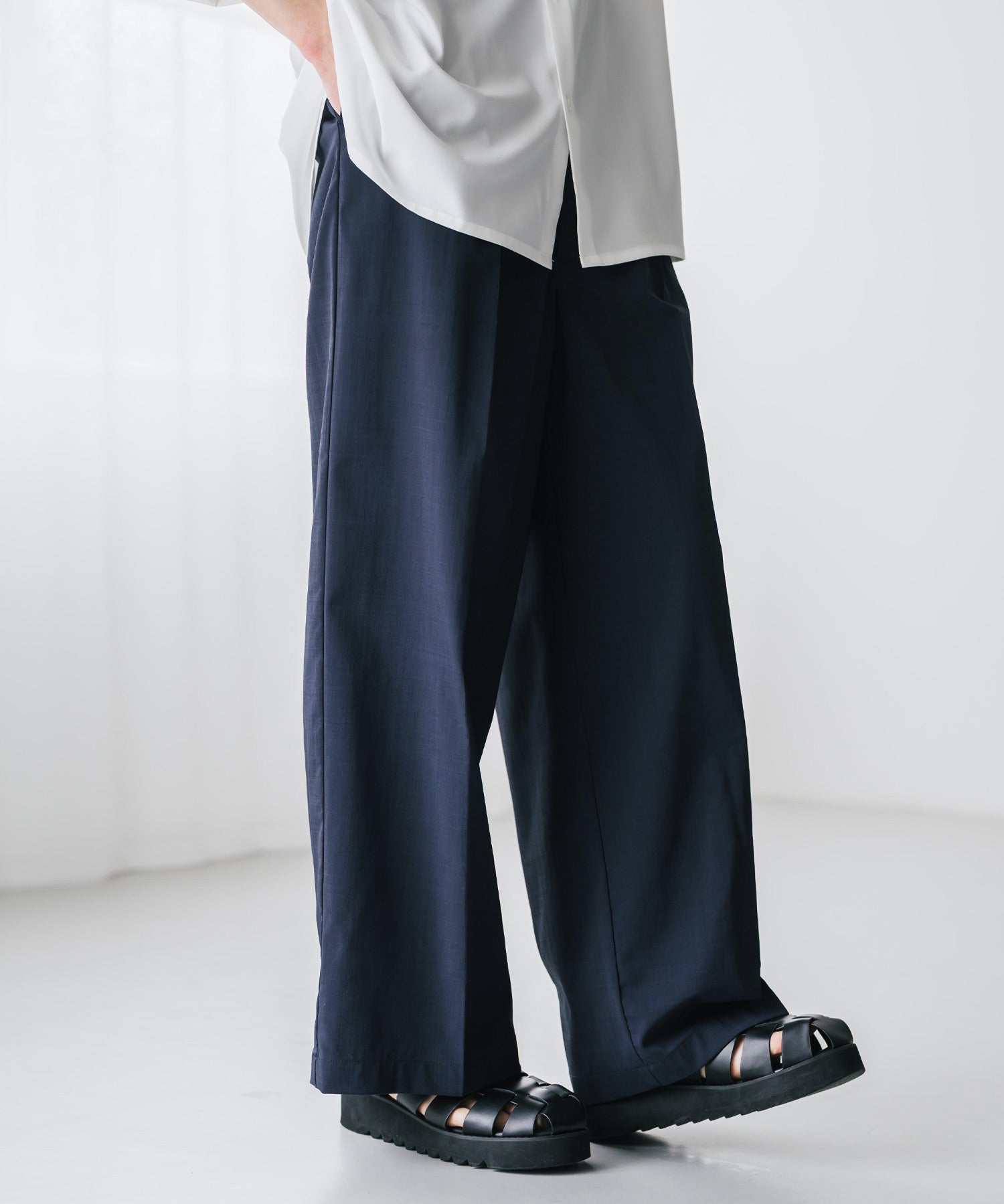 接触冷感 多機能素材リネンライク ワンタックセンタープレスワイドストレートイージーパンツ 15483