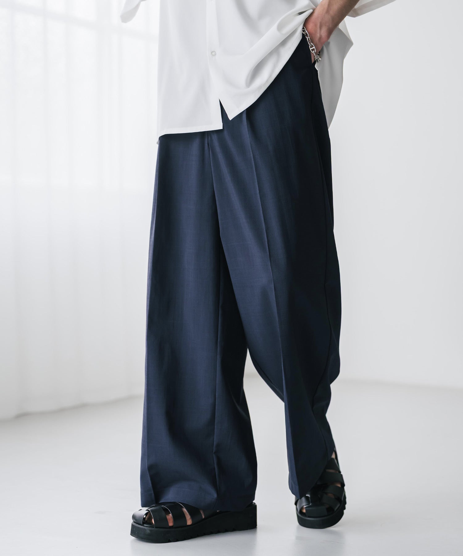 接触冷感 多機能素材リネンライク ワンタックセンタープレスワイドストレートイージーパンツ 15483