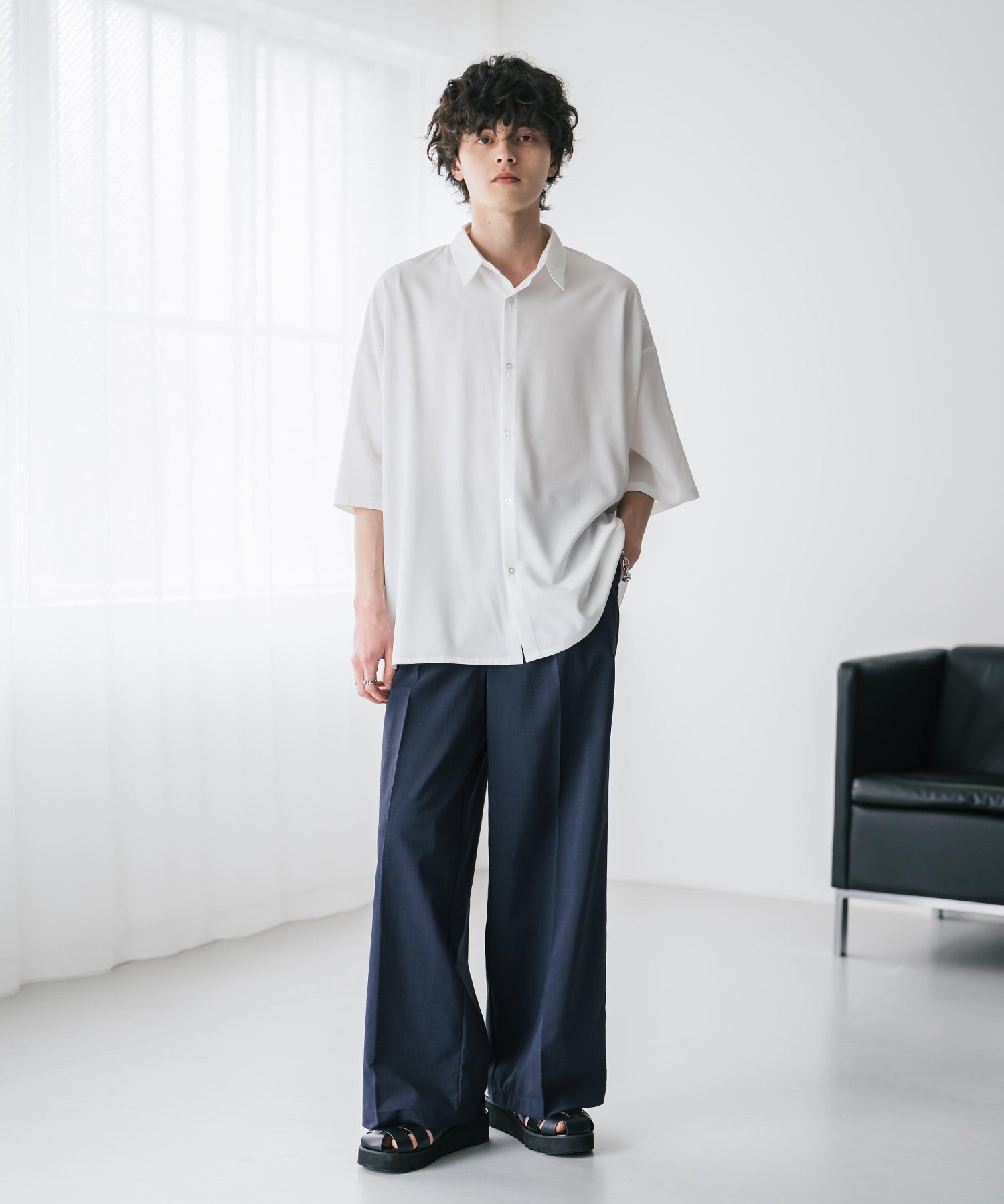 接触冷感 多機能素材リネンライク ワンタックセンタープレスワイドストレートイージーパンツ 15483