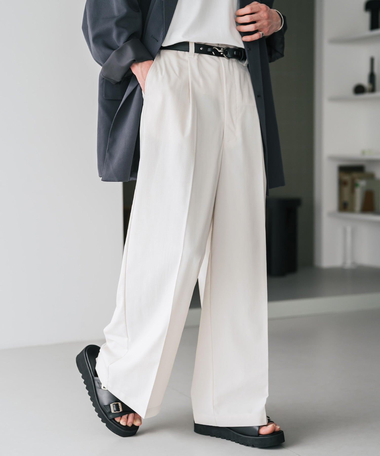 接触冷感 多機能素材リネンライク ワンタックセンタープレスワイドストレートイージーパンツ 15483