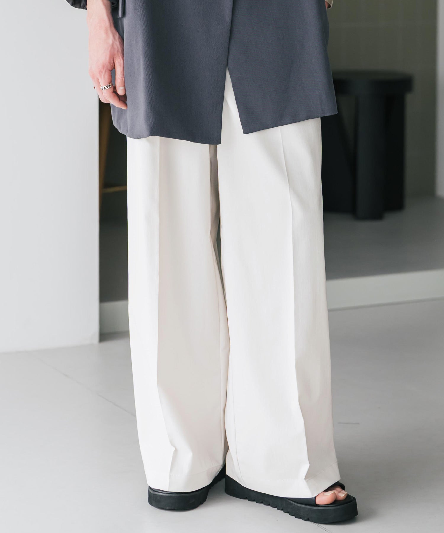 接触冷感 多機能素材リネンライク ワンタックセンタープレスワイドストレートイージーパンツ 15483