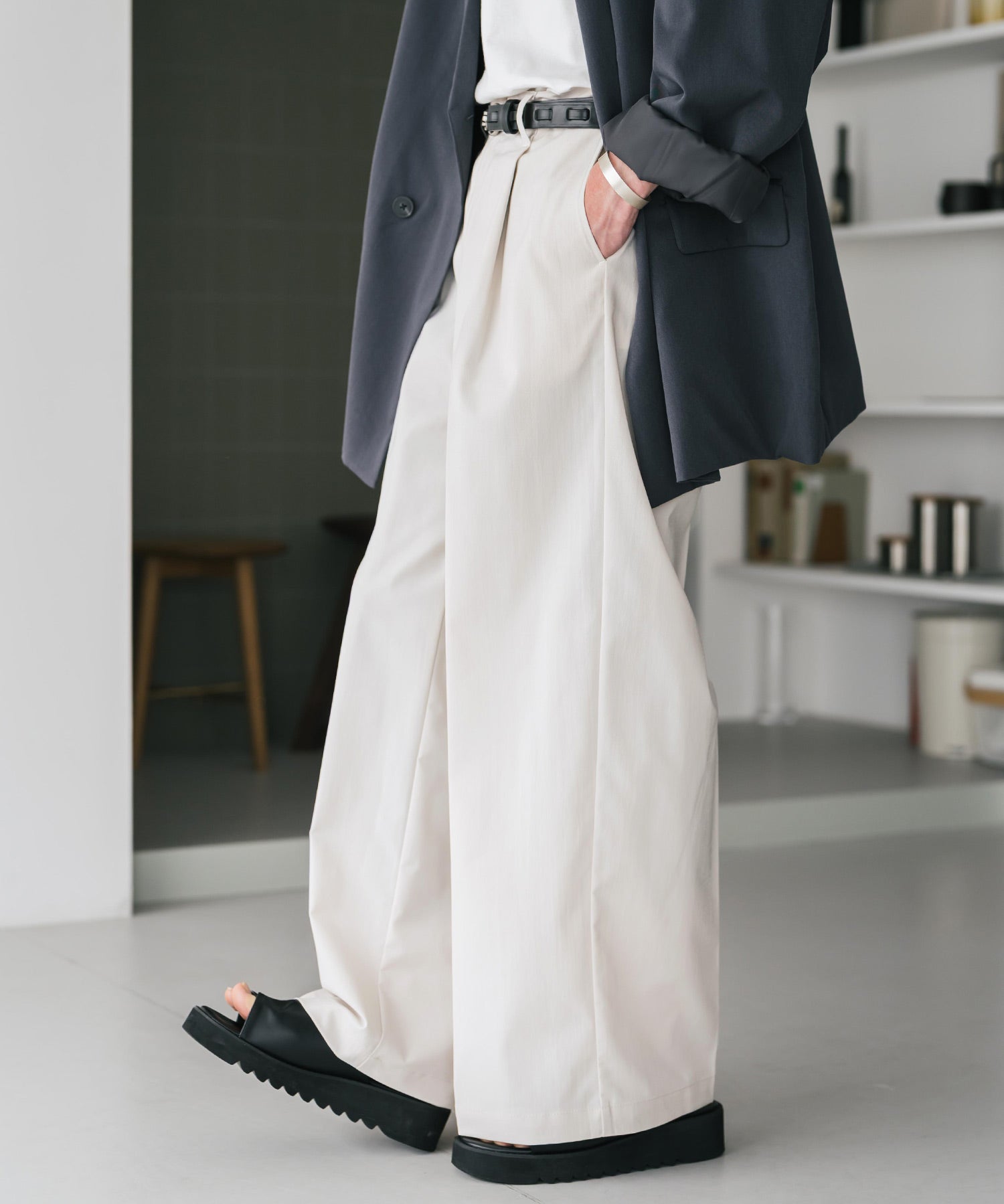 接触冷感 多機能素材リネンライク ワンタックセンタープレスワイドストレートイージーパンツ 15483