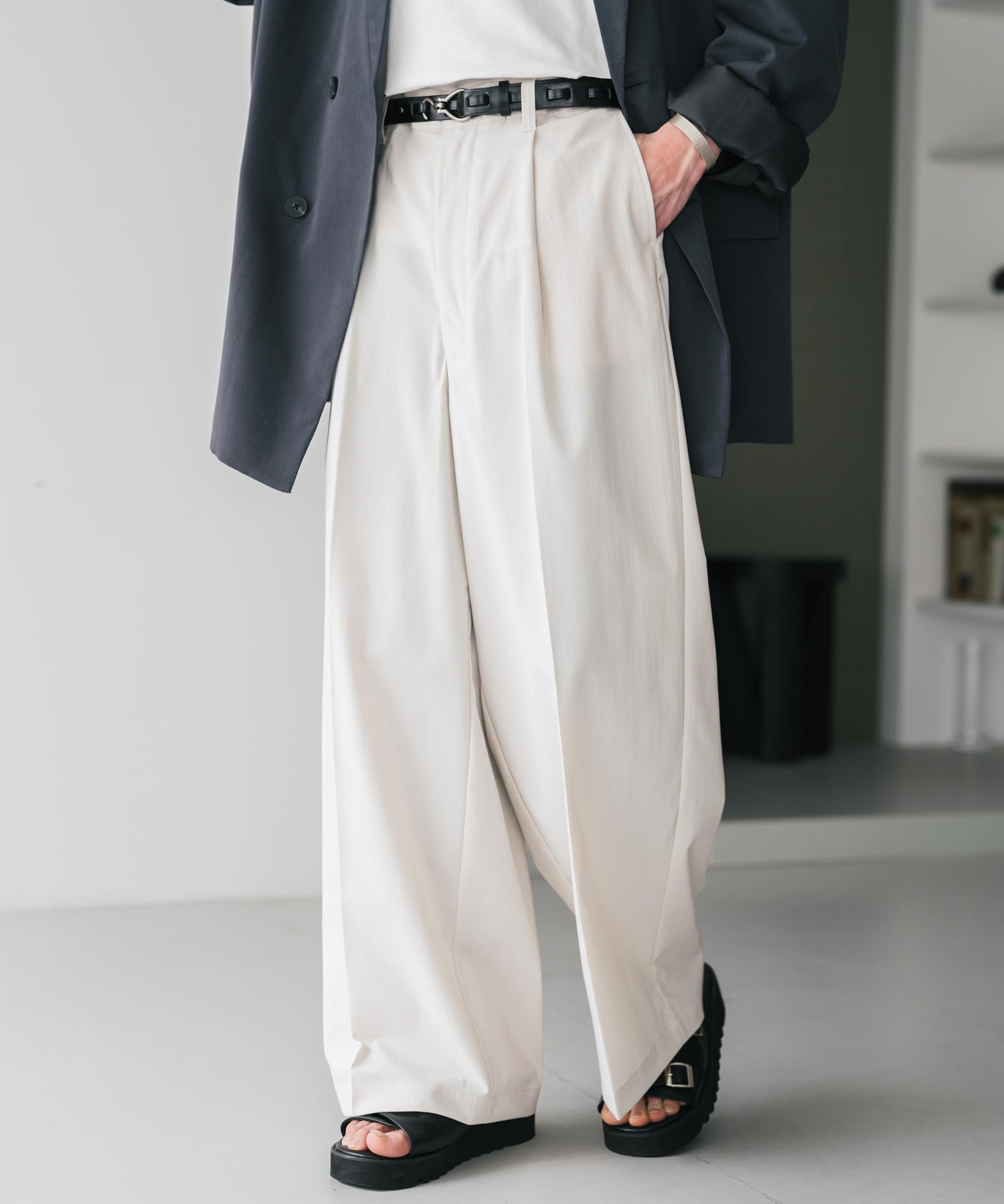 接触冷感 多機能素材リネンライク ワンタックセンタープレスワイドストレートイージーパンツ 15483