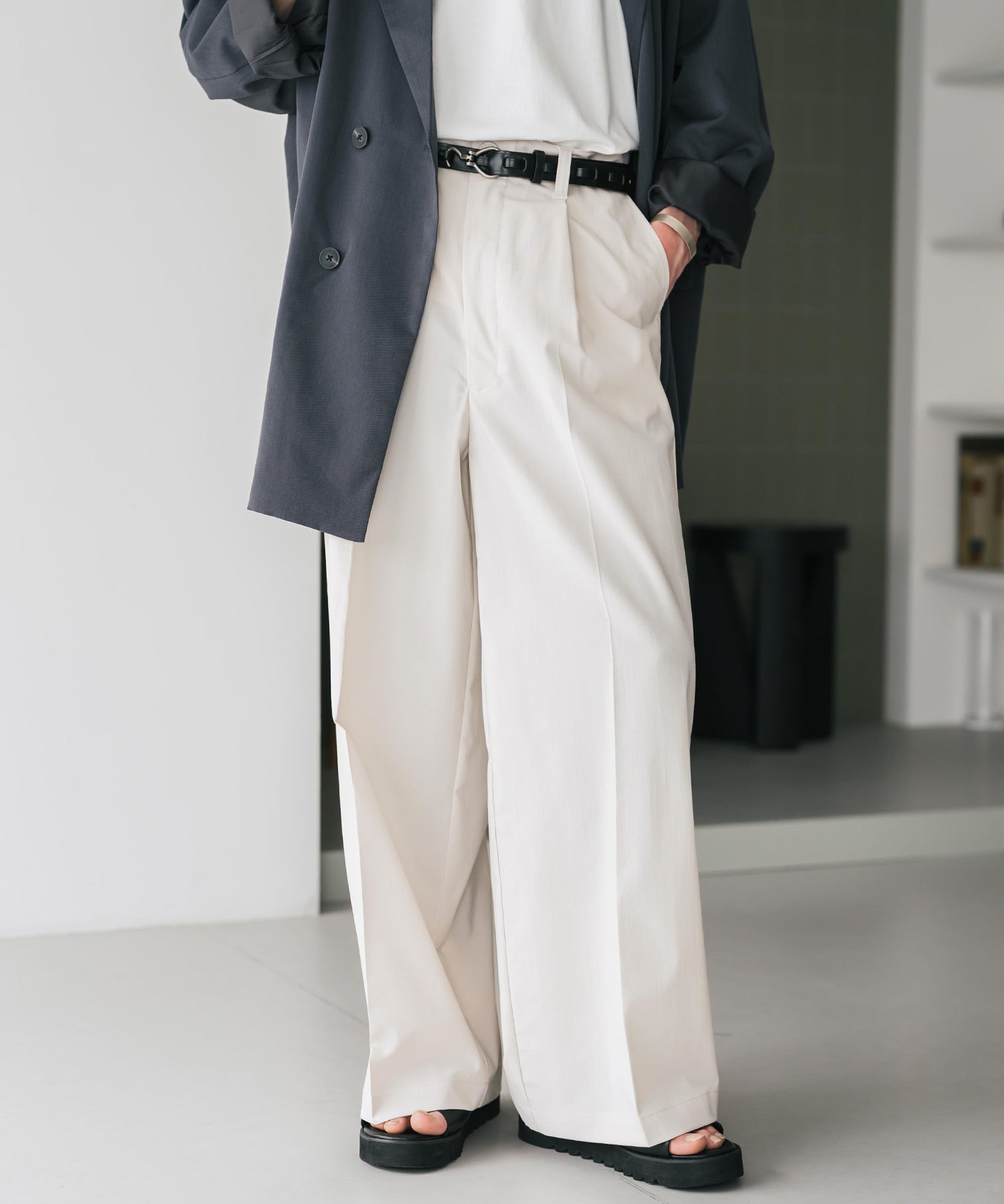 接触冷感 多機能素材リネンライク ワンタックセンタープレスワイドストレートイージーパンツ 15483