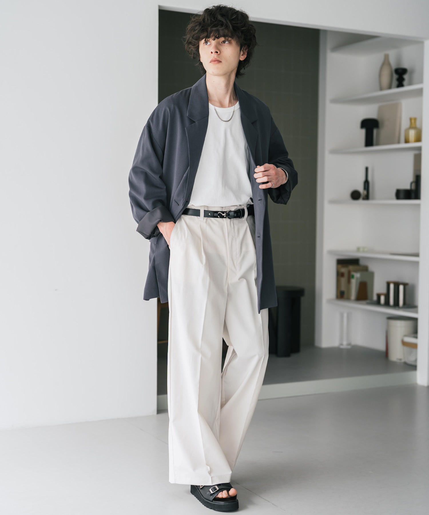 接触冷感 多機能素材リネンライク ワンタックセンタープレスワイドストレートイージーパンツ 15483