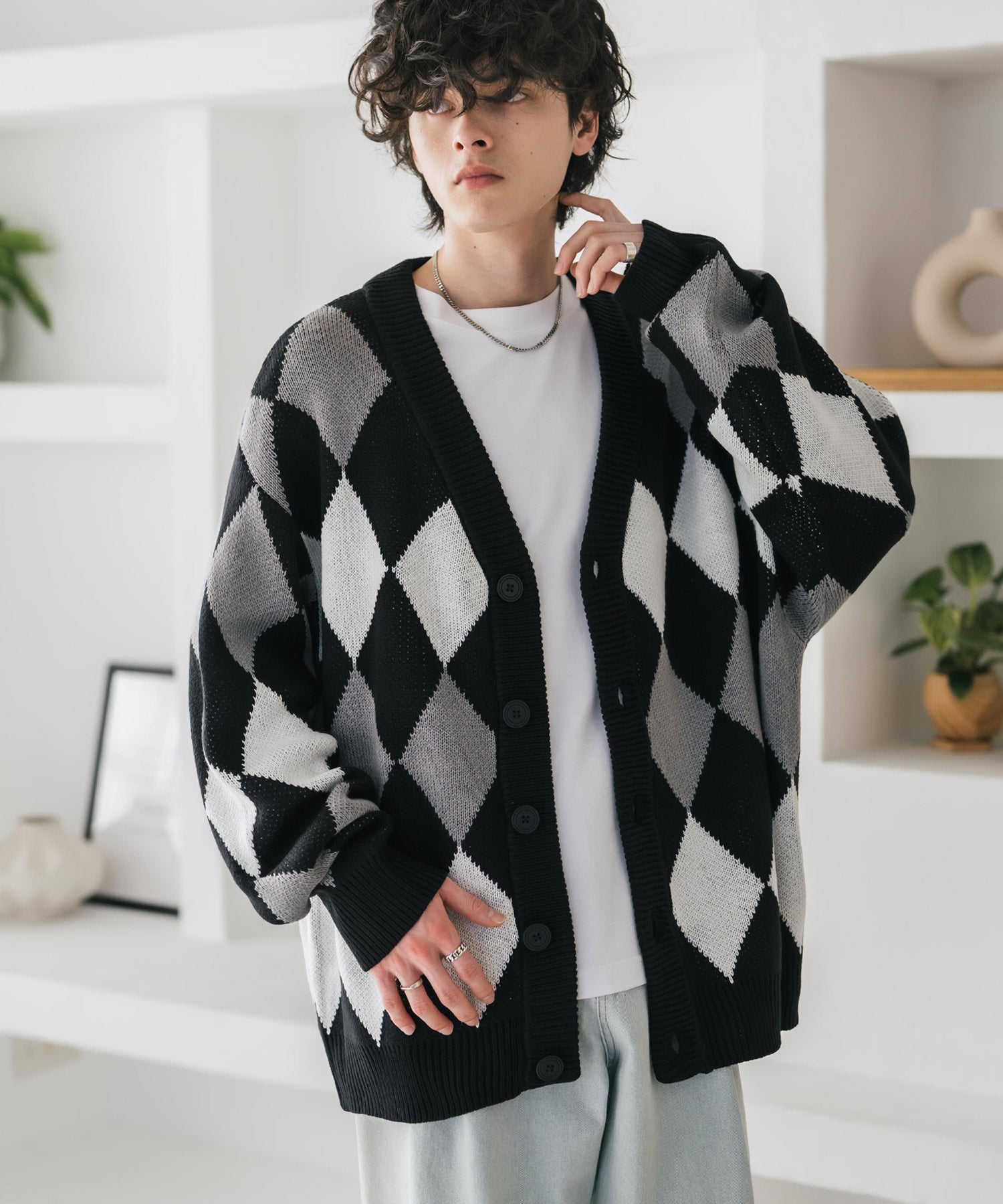 オーバーサイズ総柄Vネックボリュームニットカーディガン アーガイル柄 チェック柄 15484