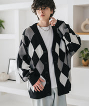 オーバーサイズ総柄Vネックボリュームニットカーディガン アーガイル柄 チェック柄 15484