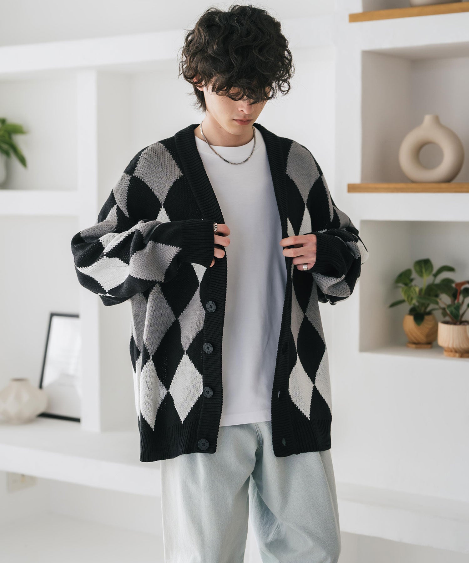 オーバーサイズ総柄Vネックボリュームニットカーディガン アーガイル柄 チェック柄 15484