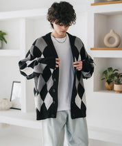 オーバーサイズ総柄Vネックボリュームニットカーディガン アーガイル柄 チェック柄 15484