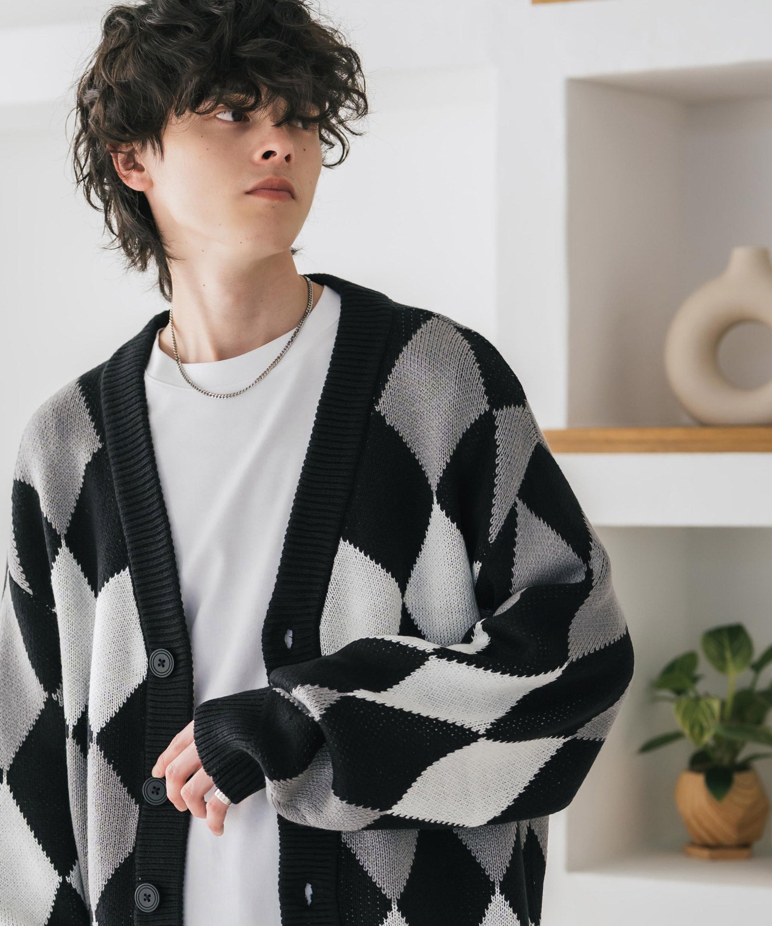 オーバーサイズ総柄Vネックボリュームニットカーディガン アーガイル柄 チェック柄 15484