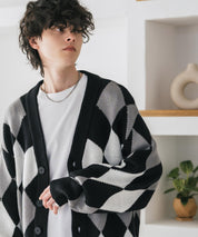 オーバーサイズ総柄Vネックボリュームニットカーディガン アーガイル柄 チェック柄 15484