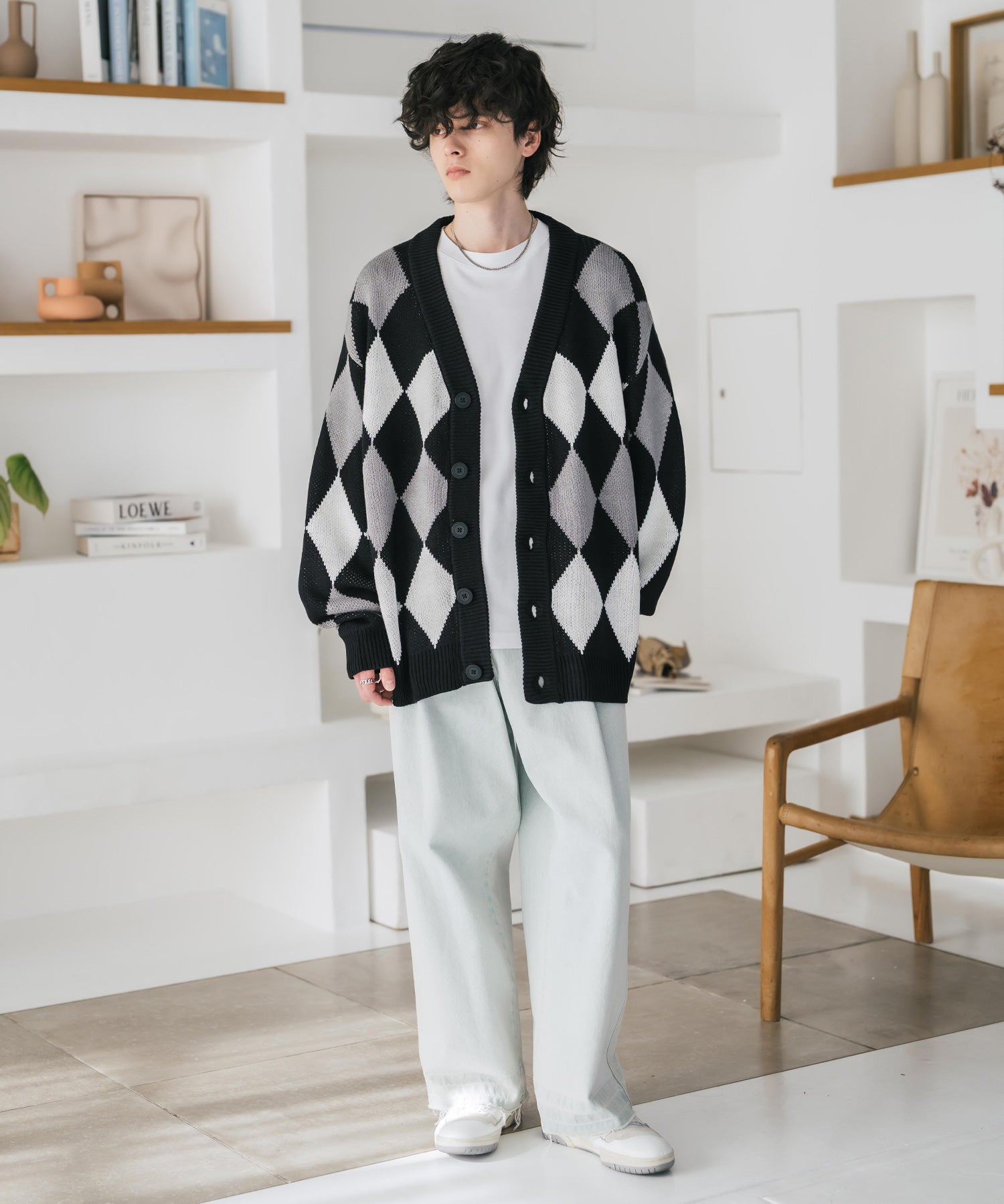 オーバーサイズ総柄Vネックボリュームニットカーディガン アーガイル柄 チェック柄 15484