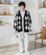 オーバーサイズ総柄Vネックボリュームニットカーディガン アーガイル柄 チェック柄 15484