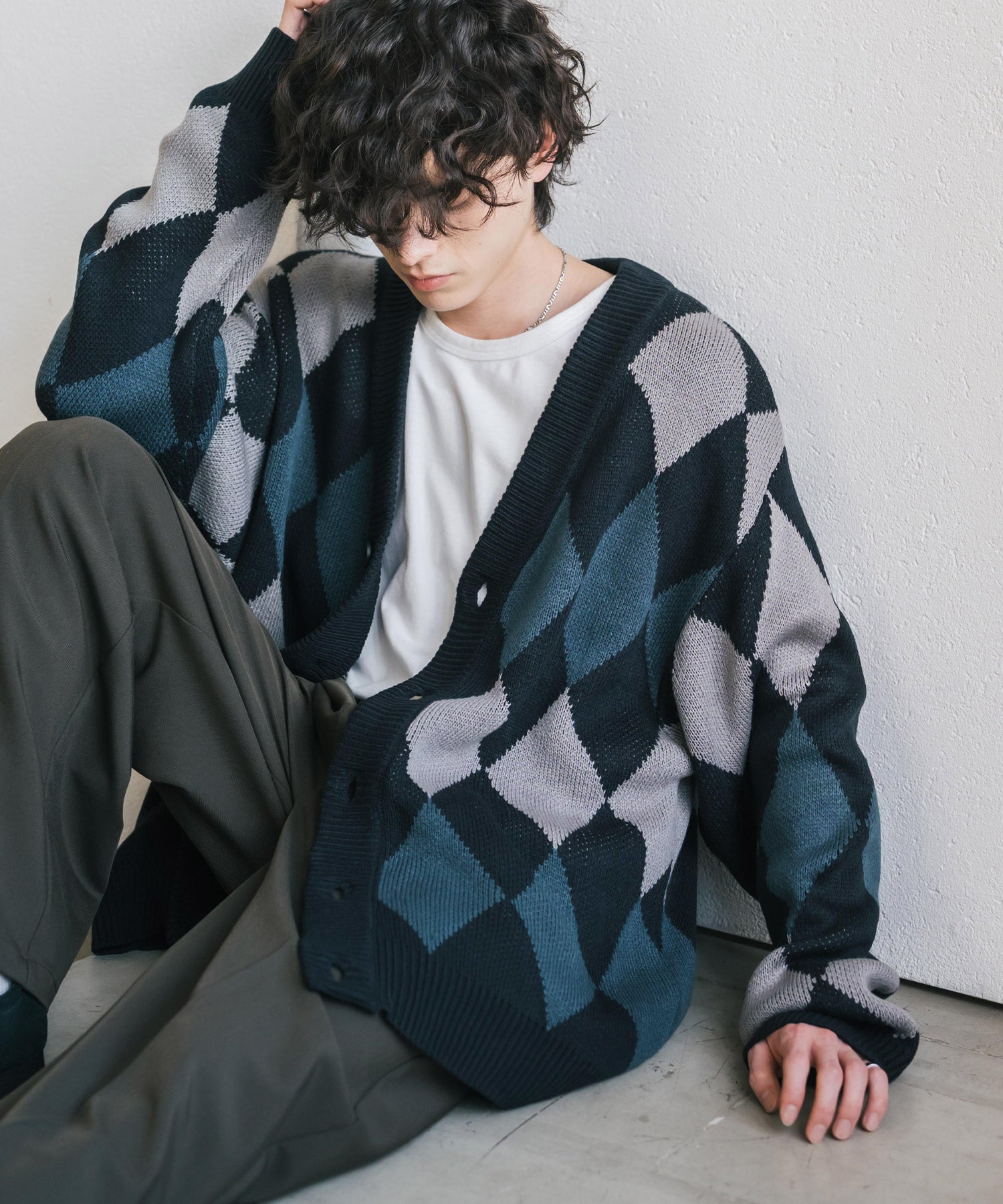 オーバーサイズ総柄Vネックボリュームニットカーディガン アーガイル柄 チェック柄 15484