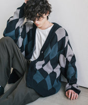 オーバーサイズ総柄Vネックボリュームニットカーディガン アーガイル柄 チェック柄 15484