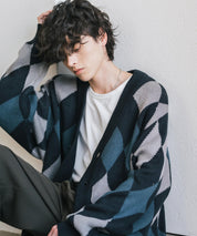 オーバーサイズ総柄Vネックボリュームニットカーディガン アーガイル柄 チェック柄 15484