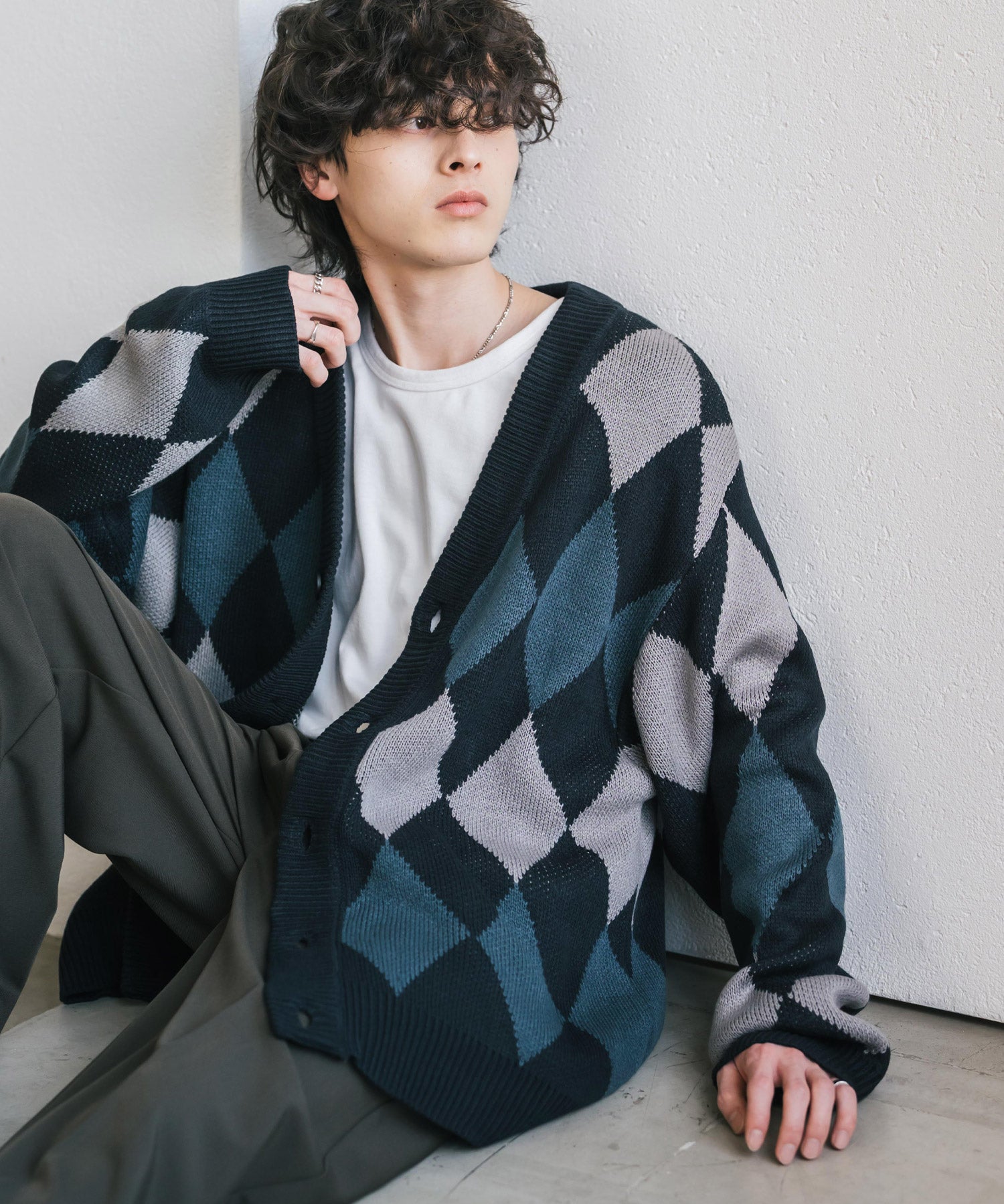 オーバーサイズ総柄Vネックボリュームニットカーディガン アーガイル柄 チェック柄 15484