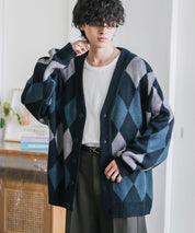 オーバーサイズ総柄Vネックボリュームニットカーディガン アーガイル柄 チェック柄 15484