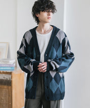 オーバーサイズ総柄Vネックボリュームニットカーディガン アーガイル柄 チェック柄 15484