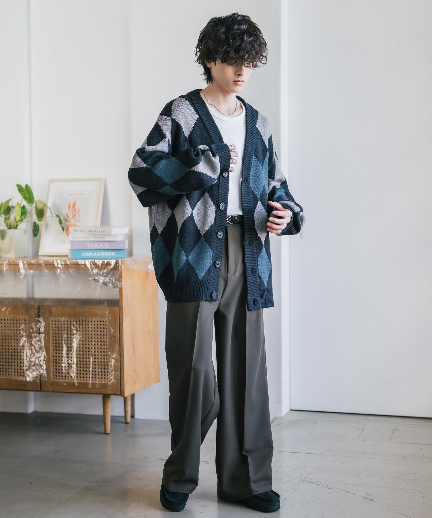 オーバーサイズ総柄Vネックボリュームニットカーディガン アーガイル柄 チェック柄 15484