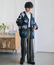 オーバーサイズ総柄Vネックボリュームニットカーディガン アーガイル柄 チェック柄 15484