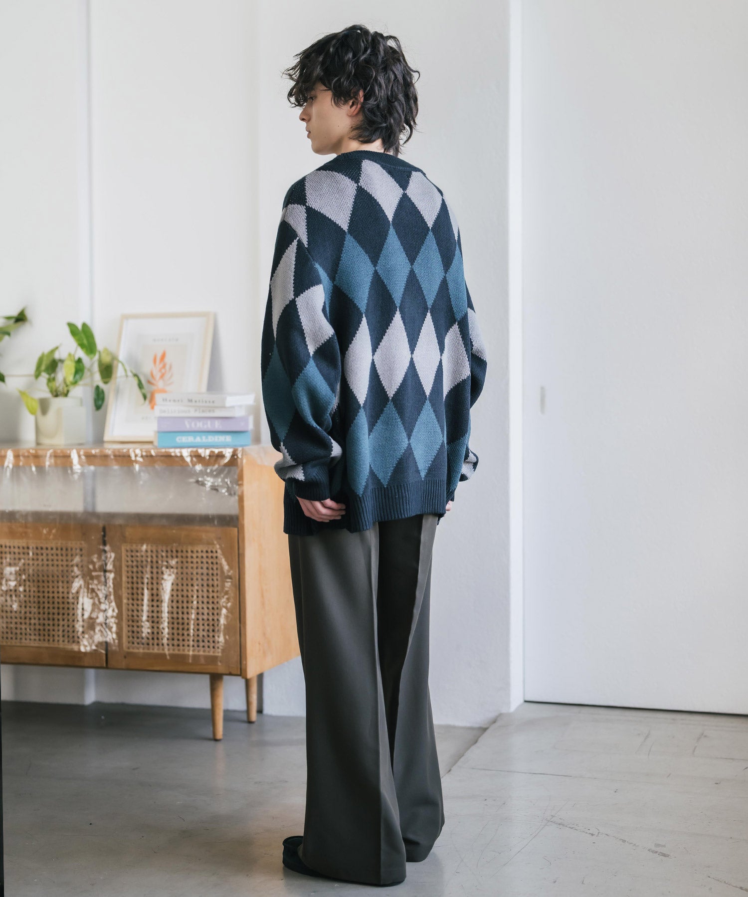 オーバーサイズ総柄Vネックボリュームニットカーディガン アーガイル柄 チェック柄 15484