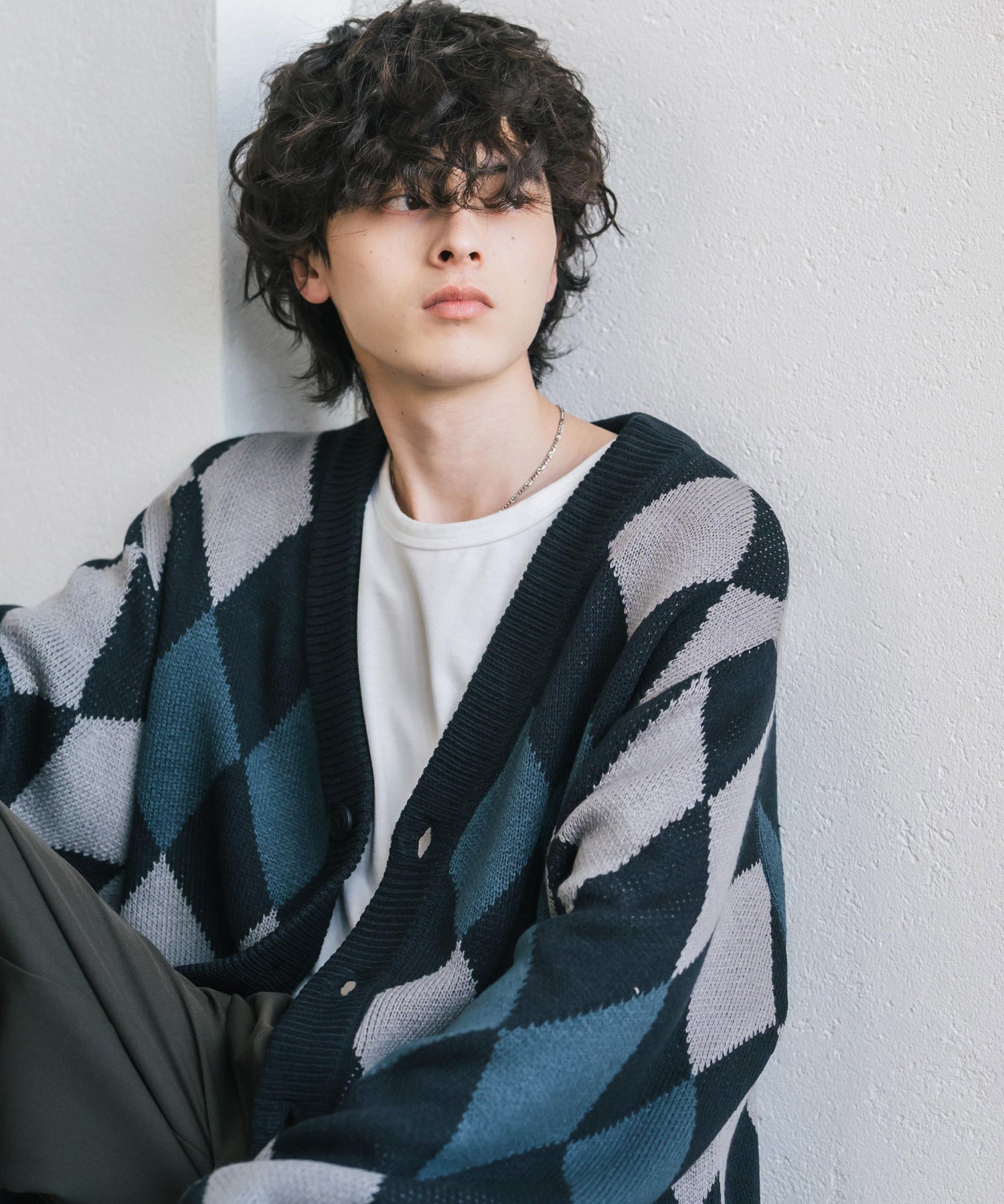 オーバーサイズ総柄Vネックボリュームニットカーディガン アーガイル柄 チェック柄 15484