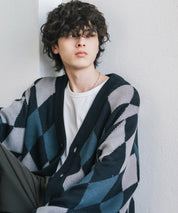 オーバーサイズ総柄Vネックボリュームニットカーディガン アーガイル柄 チェック柄 15484