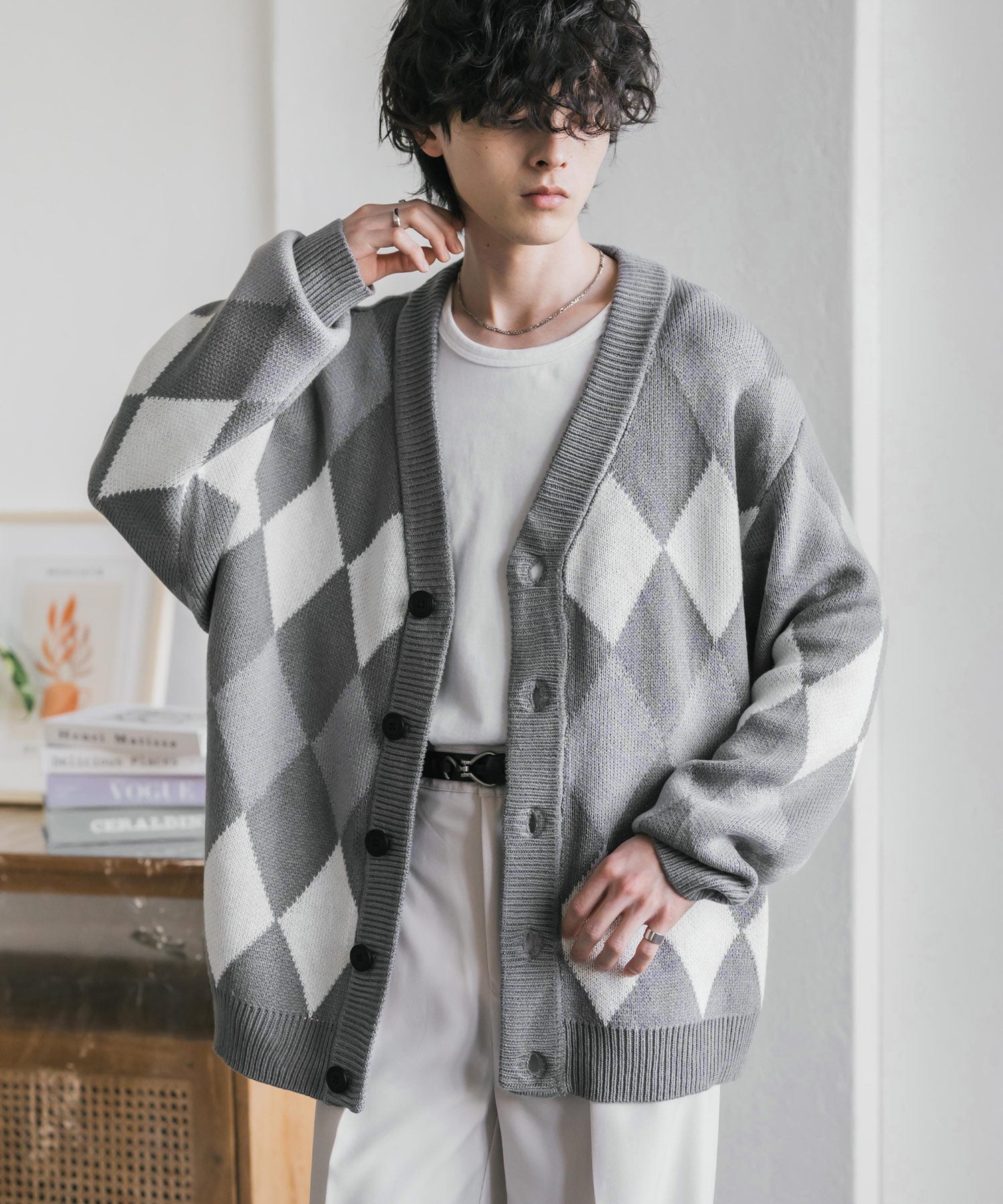 オーバーサイズ総柄Vネックボリュームニットカーディガン アーガイル柄 チェック柄 15484