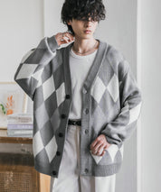 オーバーサイズ総柄Vネックボリュームニットカーディガン アーガイル柄 チェック柄 15484