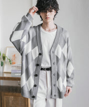 オーバーサイズ総柄Vネックボリュームニットカーディガン アーガイル柄 チェック柄 15484