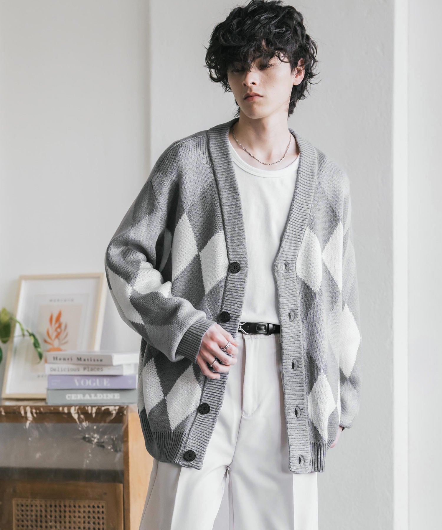 オーバーサイズ総柄Vネックボリュームニットカーディガン アーガイル柄 チェック柄 15484