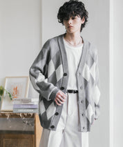 オーバーサイズ総柄Vネックボリュームニットカーディガン アーガイル柄 チェック柄 15484