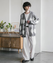 オーバーサイズ総柄Vネックボリュームニットカーディガン アーガイル柄 チェック柄 15484