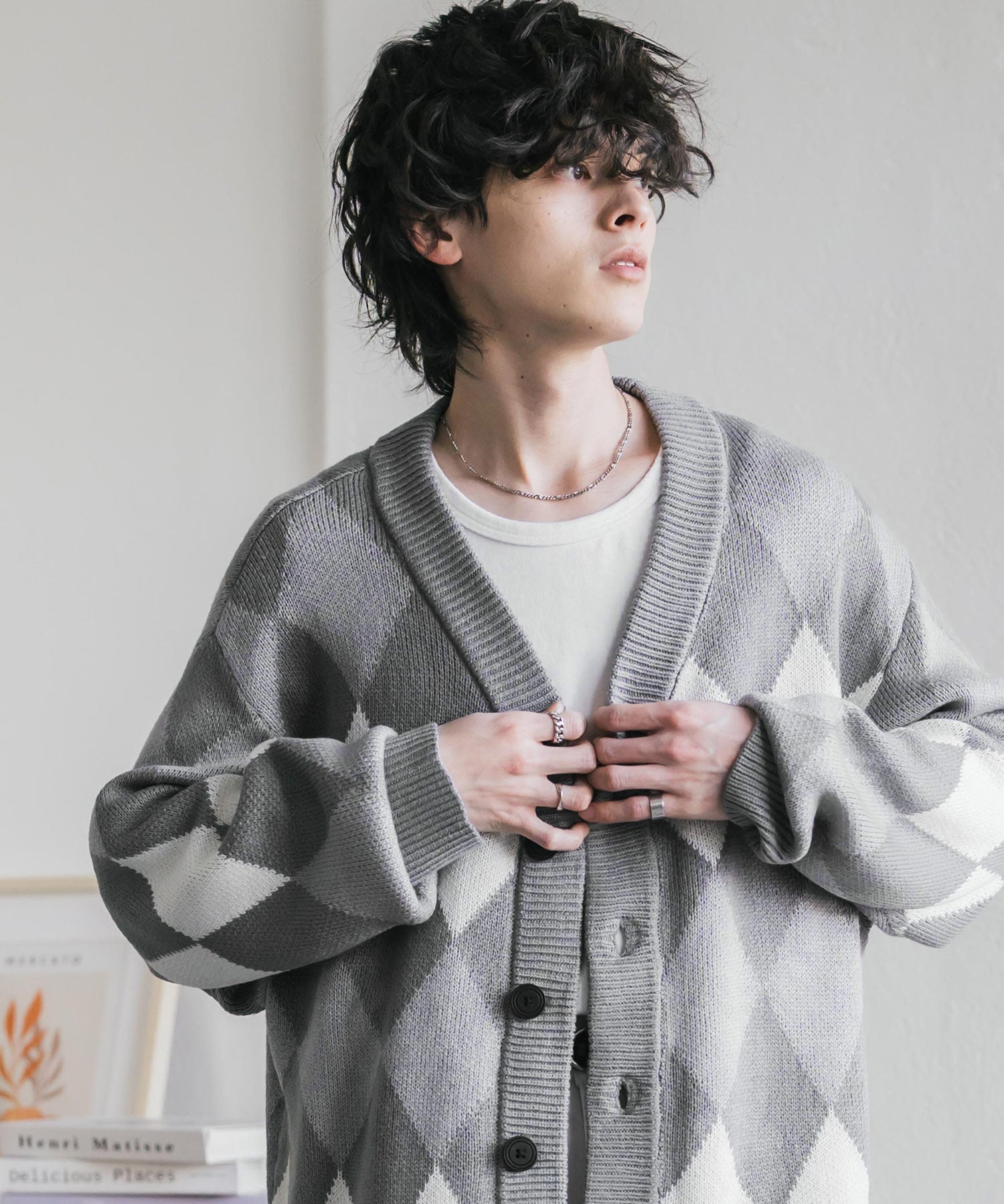 オーバーサイズ総柄Vネックボリュームニットカーディガン アーガイル柄 チェック柄 15484