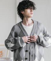 オーバーサイズ総柄Vネックボリュームニットカーディガン アーガイル柄 チェック柄 15484