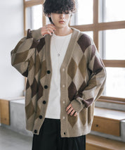 オーバーサイズ総柄Vネックボリュームニットカーディガン アーガイル柄 チェック柄 15484