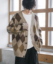 オーバーサイズ総柄Vネックボリュームニットカーディガン アーガイル柄 チェック柄 15484