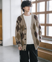 オーバーサイズ総柄Vネックボリュームニットカーディガン アーガイル柄 チェック柄 15484