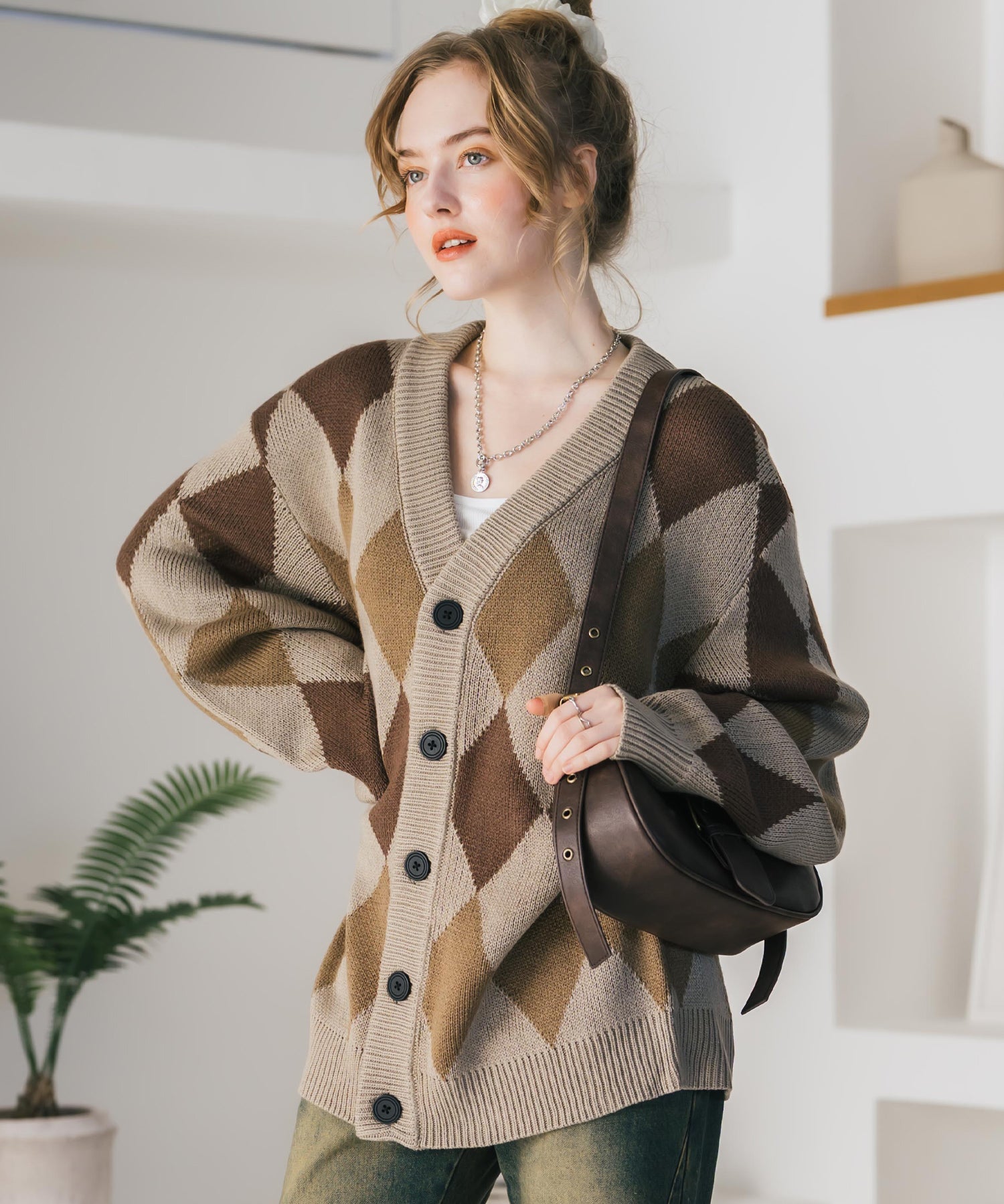 オーバーサイズ総柄Vネックボリュームニットカーディガン アーガイル柄 チェック柄 15484