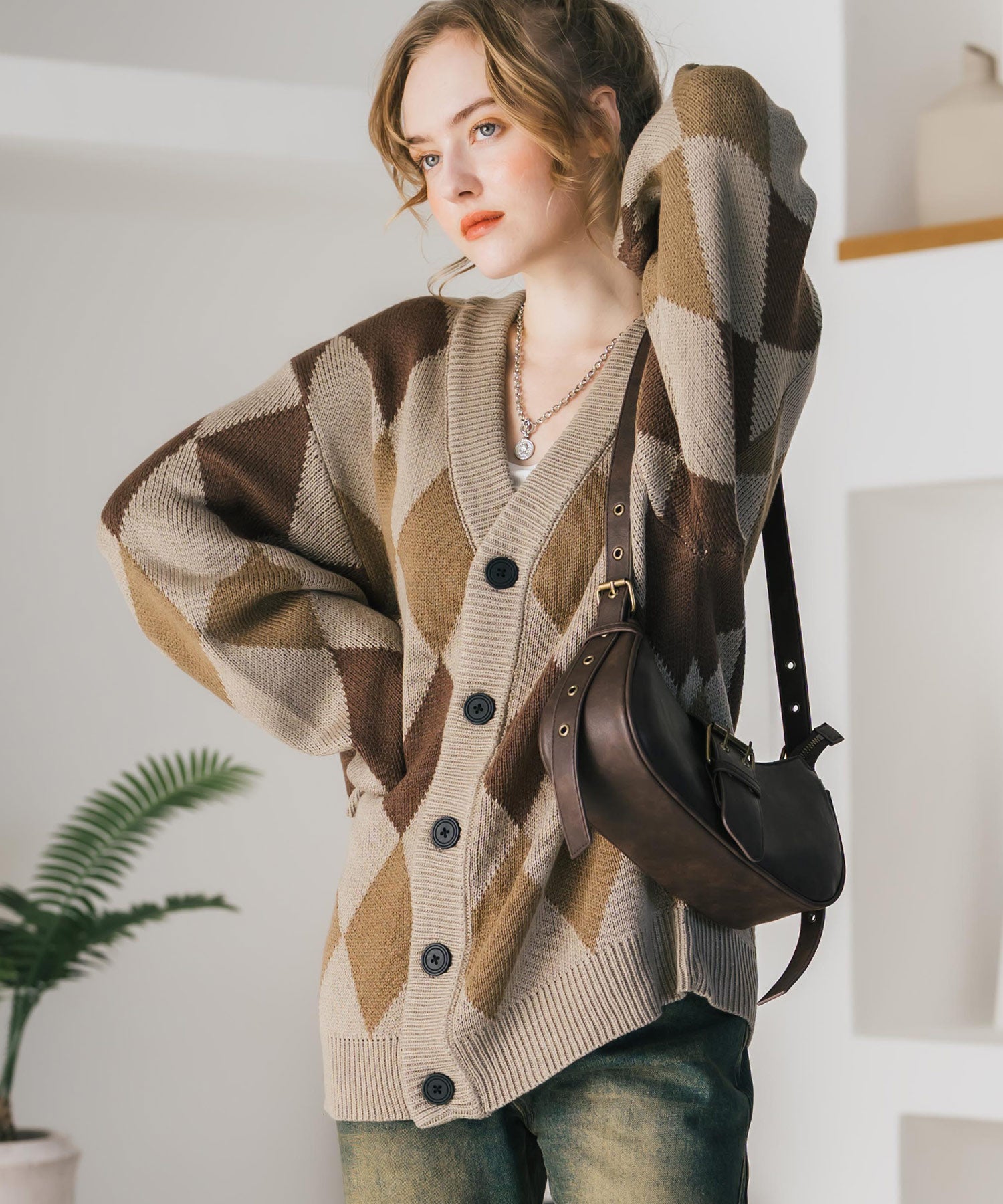 オーバーサイズ総柄Vネックボリュームニットカーディガン アーガイル柄 チェック柄 15484