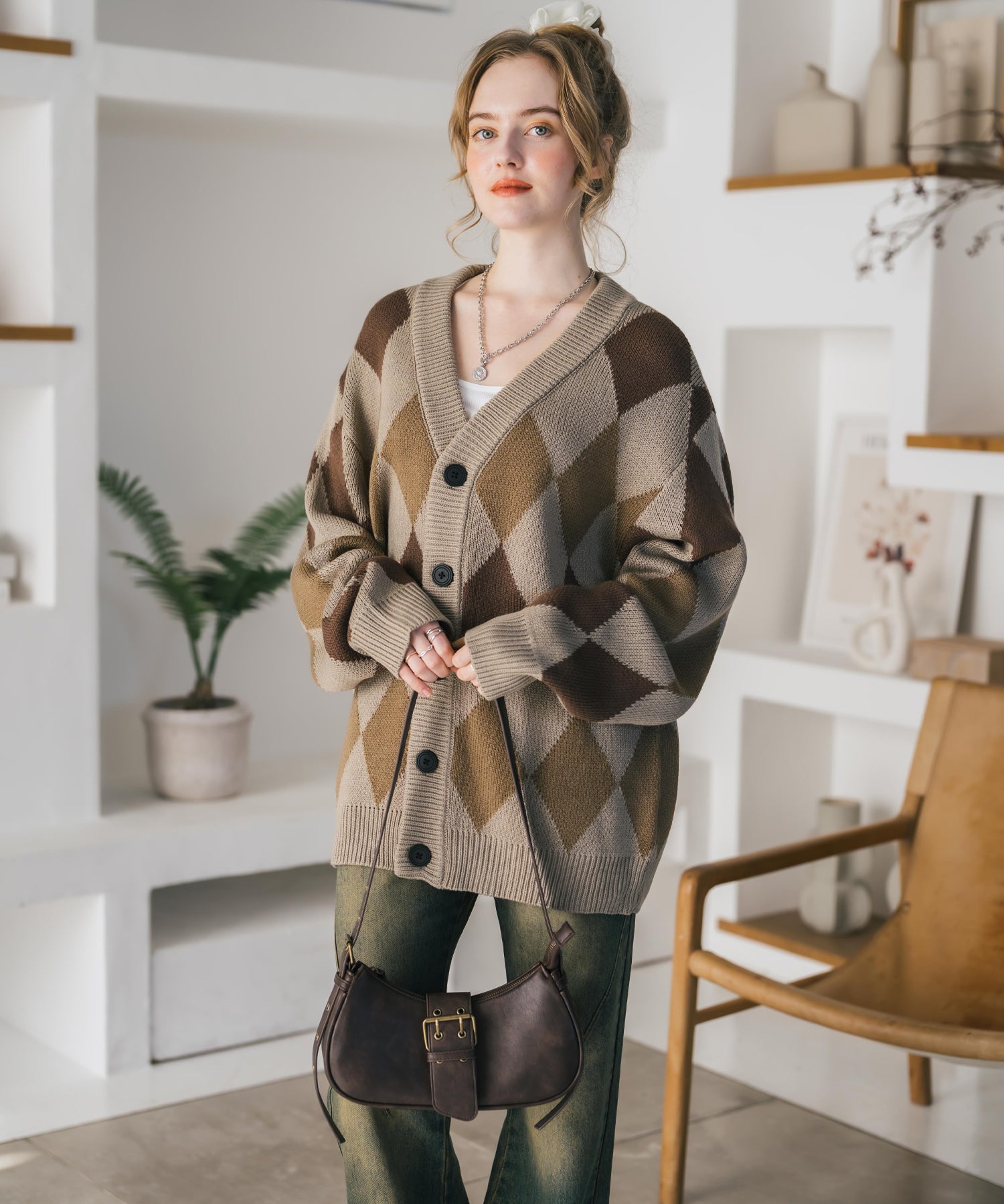 オーバーサイズ総柄Vネックボリュームニットカーディガン アーガイル柄 チェック柄 15484