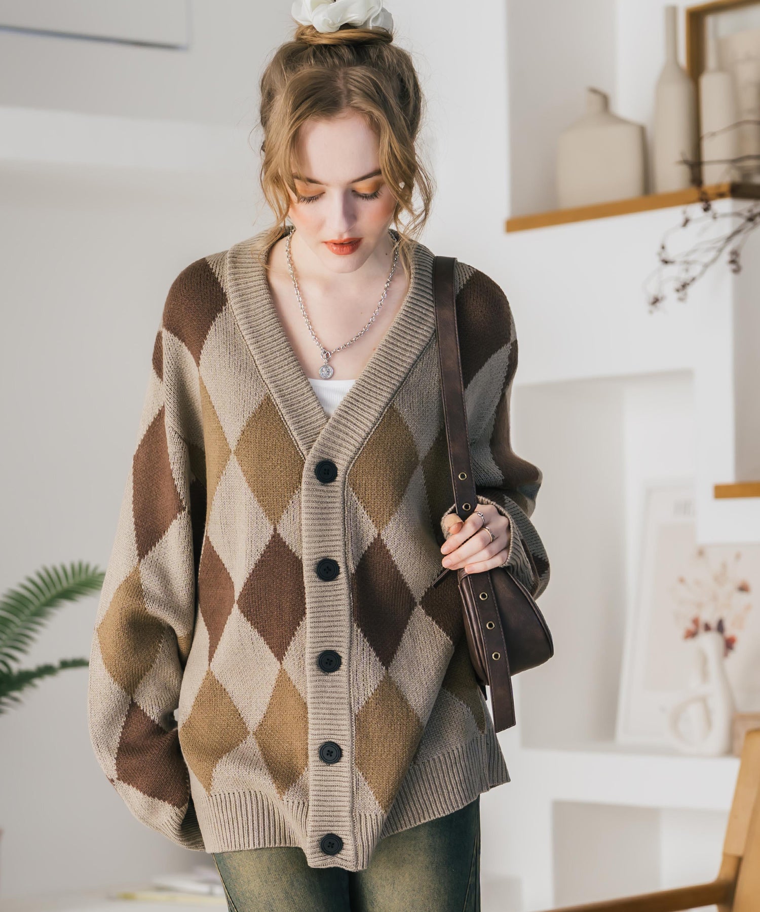 オーバーサイズ総柄Vネックボリュームニットカーディガン アーガイル柄 チェック柄 15484